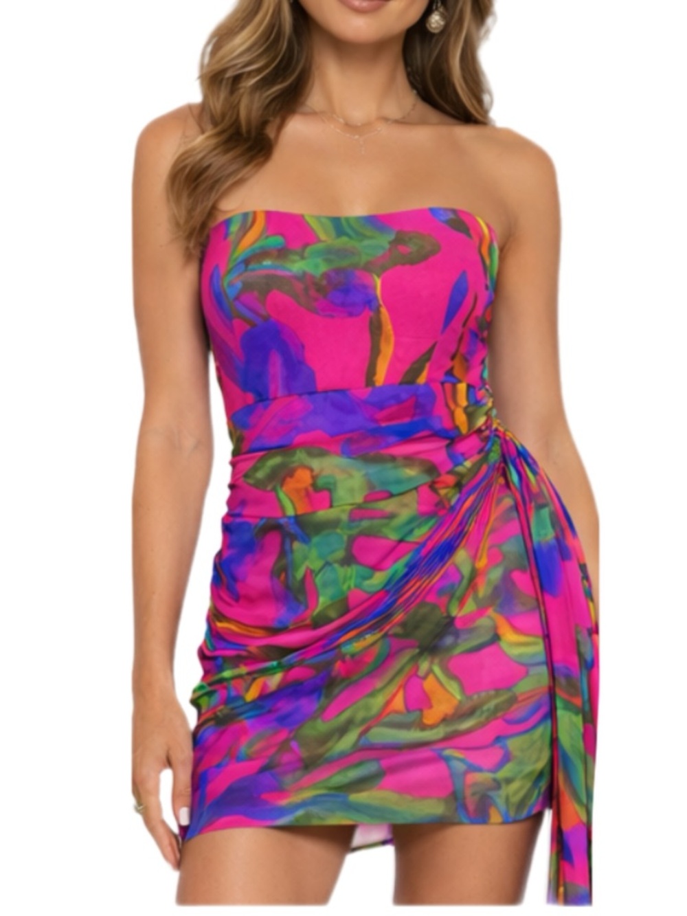 Strapless Pink Multi-Print Ruched Mini Dress with long side sash